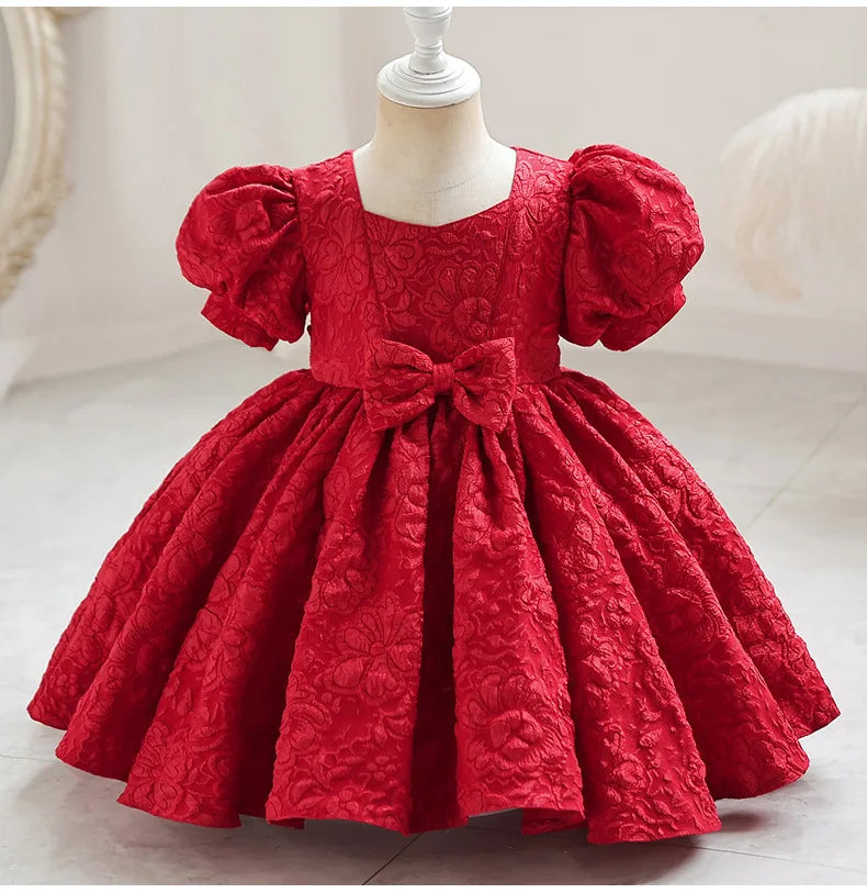 New Bubble Sleeve Girl's First Year Dress Wedding Flower Girl's Birthday Dress Bowknot Sweet Lovely Puffy Dress