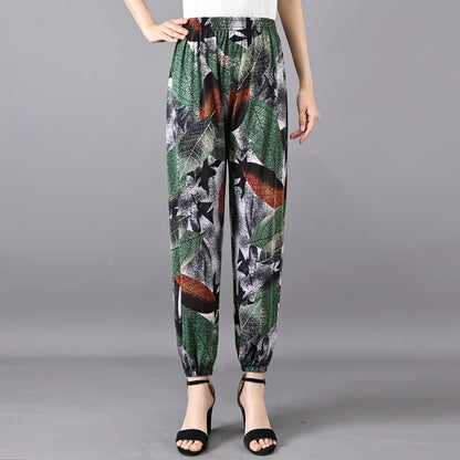 High Waist Floral Pants Straight Leg Home Leisure Women's plus Size High Elasticity Air Conditioning Pants Casual Trousers