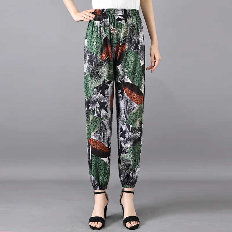 High Waist Floral Pants Straight Leg Home Leisure Women's plus Size High Elasticity Air Conditioning Pants Casual Trousers