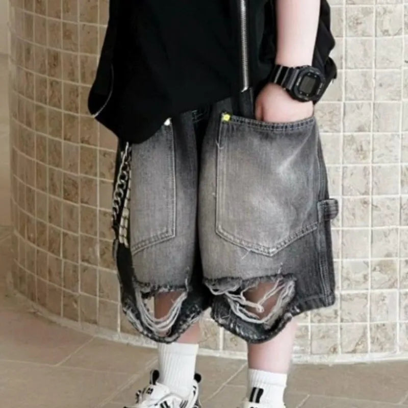Boys' Korean Vintage Distressed Jeans 100% Cotton Streetwear Kids' Trendy Outfit