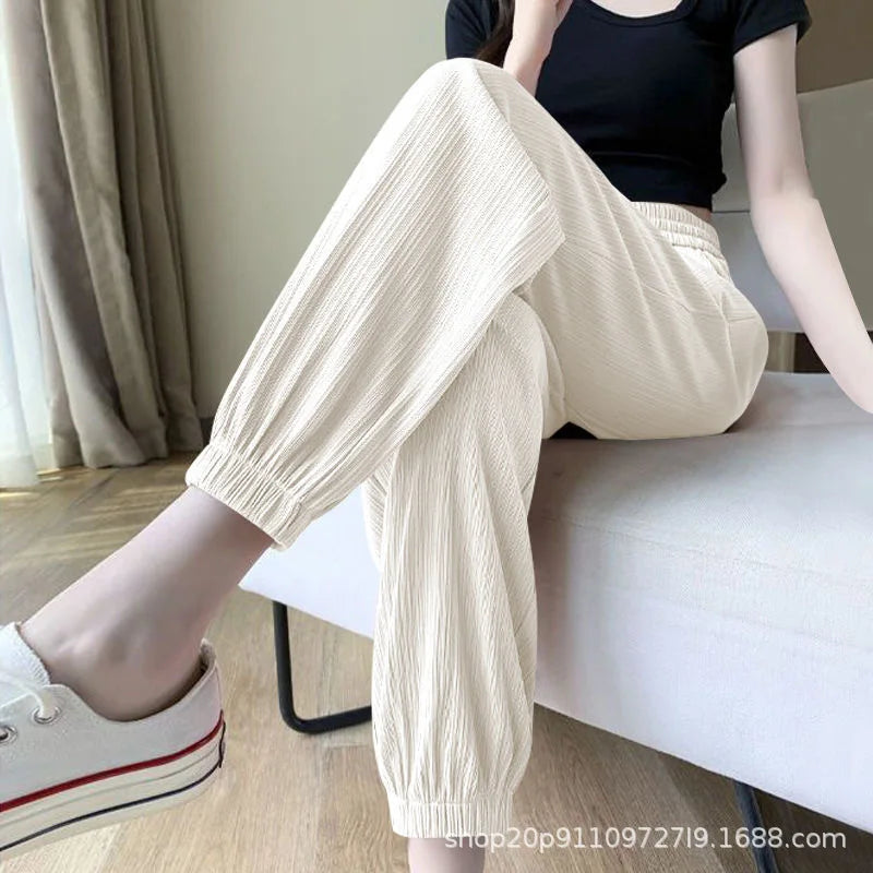 Ice Silk Wide Leg Pants Women's Spring Summer Autumn Thin High Waist Loose Straight Casual Long Trousers Comfortable Polyeste...