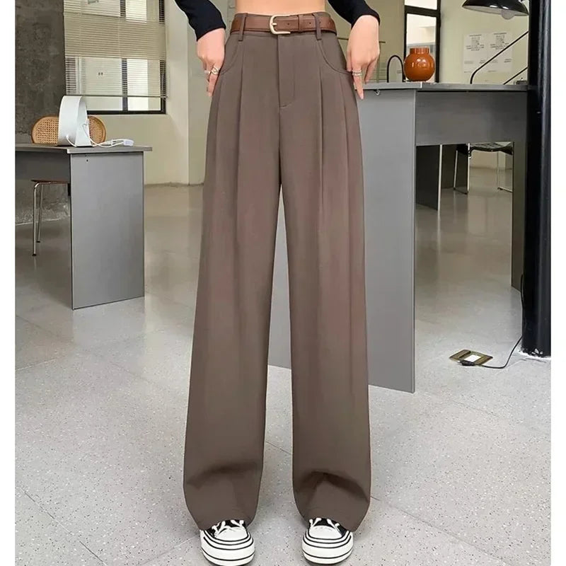 Women Fashion Suit Pants Lady Breathable Baggy High Waist Wide Leg Summer Trousers Lady Straight Leg Black Coffee Classic Pants