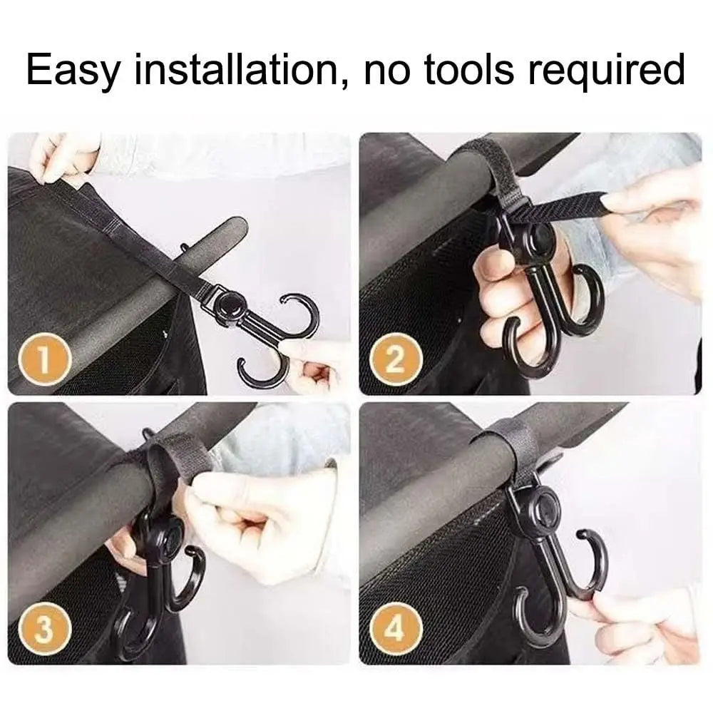 360 Degree Rotating Heavy Duty Handlebar Hanging Clamp On Heavy Duty Stroller Hook Double Hook Hands Free Hanging Hook Stroller (Available)