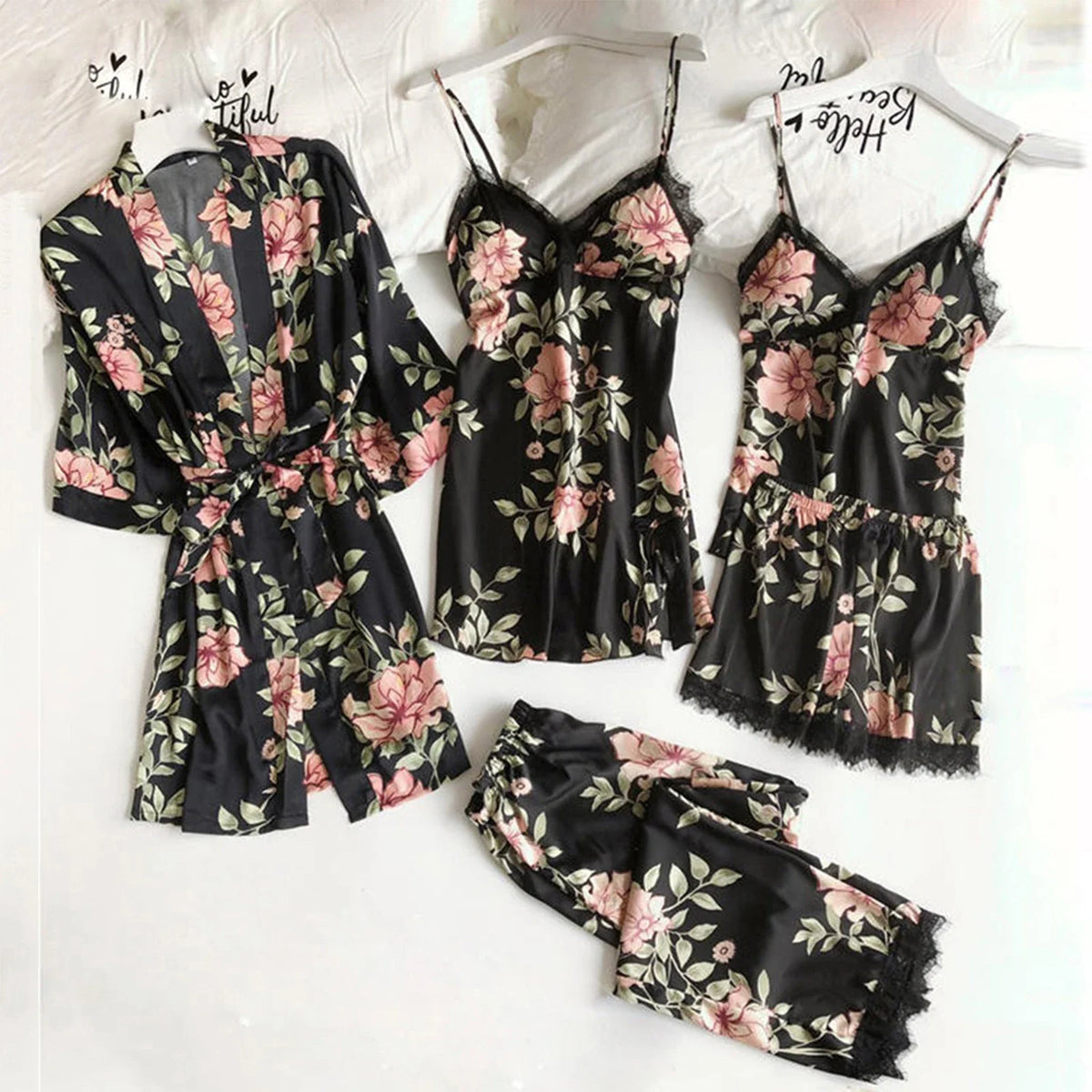 Women'S Printed Sleepwear Loose And Comfortable Lace Five Piece Set Sleeveless Camisole Nightdress Home Clothing Bathrobe