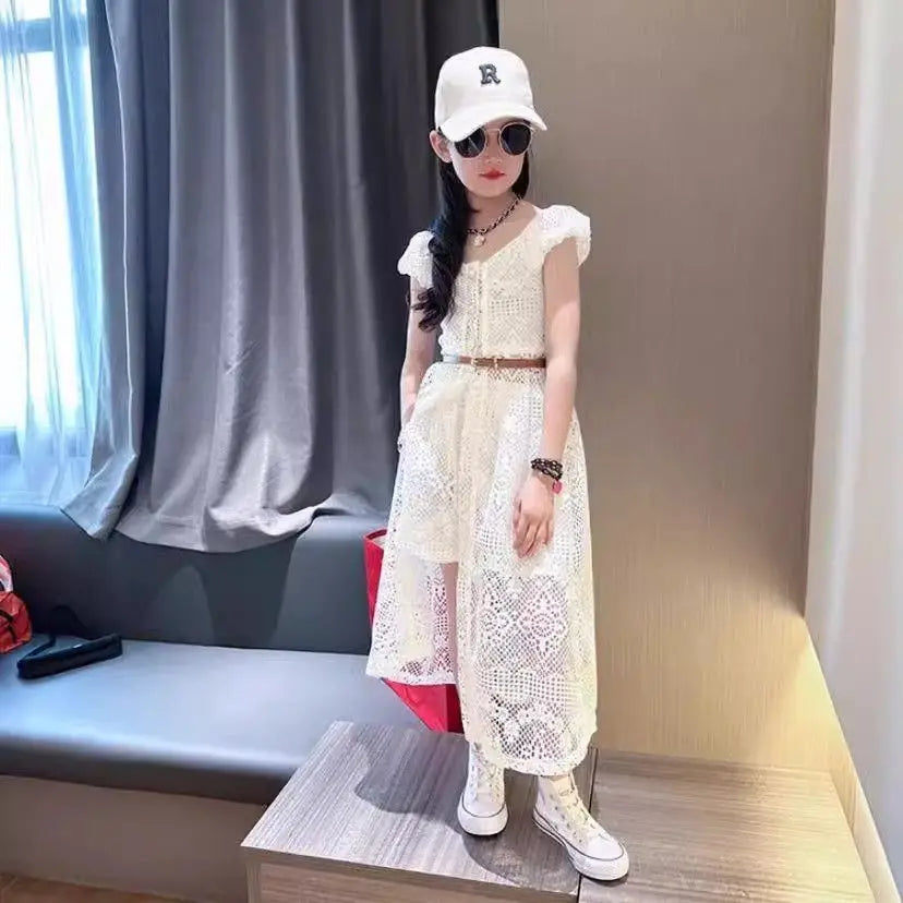 New Fashionable Children's Korean Hollow Lace Dress 2-piece Set