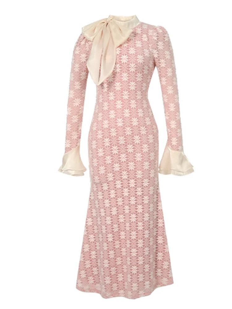 Fashion Gentle Party Dresses Women Clothing Elegant Pink Lace Bow Ruffles Long Fishtail Long Robe Date Banquet Vestidos Mujer