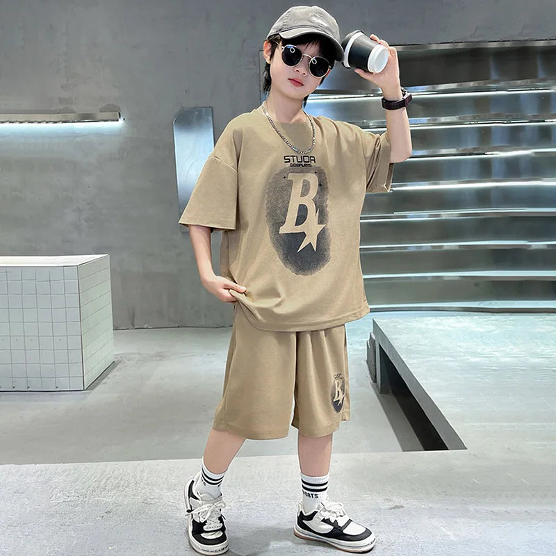New Summer Teenager Boys Clothing Set Cotton Letter Short Sleeve T-shirt Shorts  Years Kids Tracksuits Child Cloth