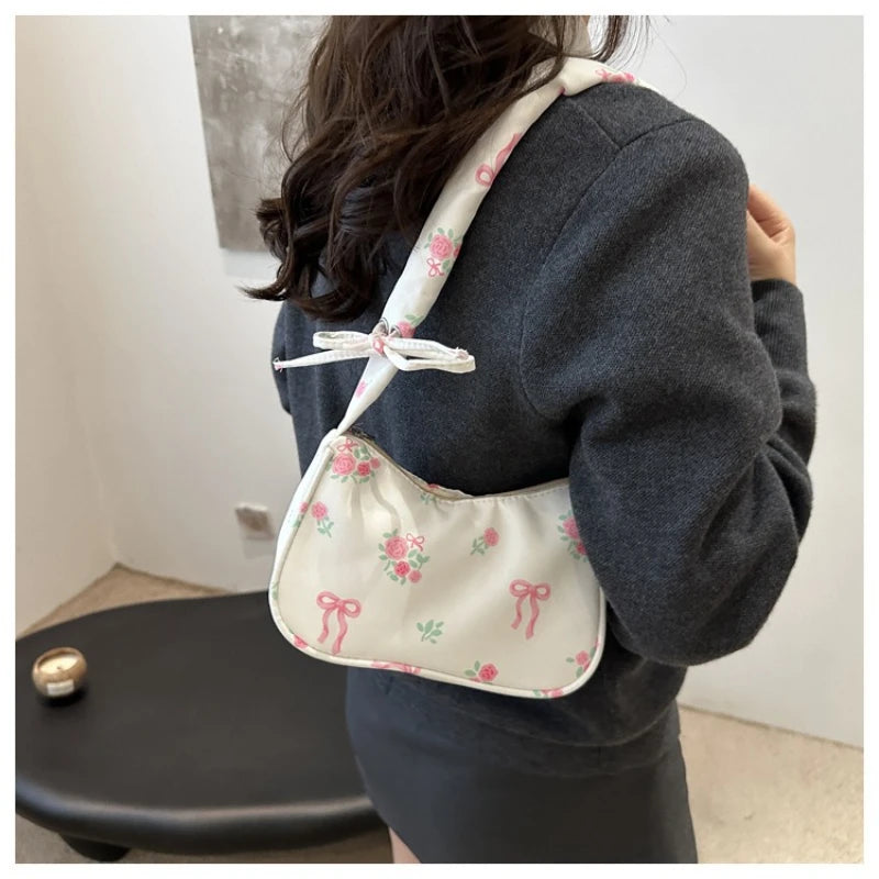Women's Bags 2025 Summer Nylon Pleated Handbags Armpit Bag Korean Floral Bow Printed Zipper Tote Bag Female Small Shoulder Bags