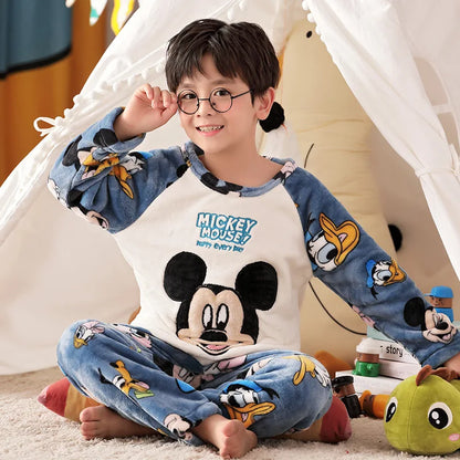2pcs Sets Warm Home Suits Kids Clothes Flannel Warm Set for Boys Autumn and Winter Thickened Long-sleeved Home Clothes Set