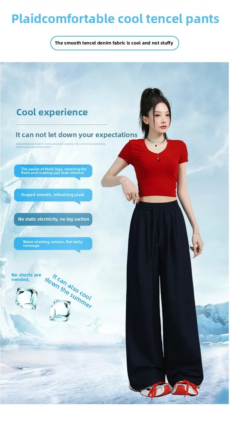 White Ice Silk Wide Leg Pants Women's Summer Thin High Waist Slimming Casual Versatile Elastic Waist Draped Straight Leg Trouser