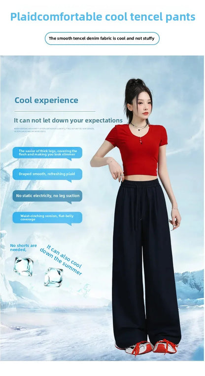 White Ice Silk Wide Leg Pants Women's Summer Thin High Waist Slimming Casual Versatile Elastic Waist Draped Straight Leg Trouser