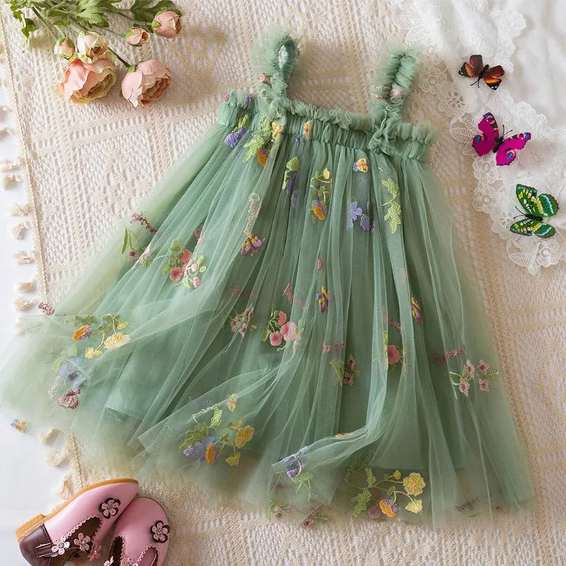 Summer New Sweet Girls' Little Sling Dress Children's Bow Floral Embroidery Mesh Tutu Princess Dress Baby Girl Dress