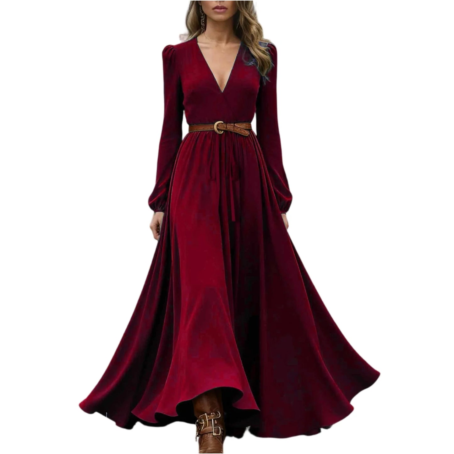 Women's Spring Autumn Retro Western Style V-neck Long Sleeve Dress Fashion Casual Long Dresses Elegant Party Dresses(no belt)