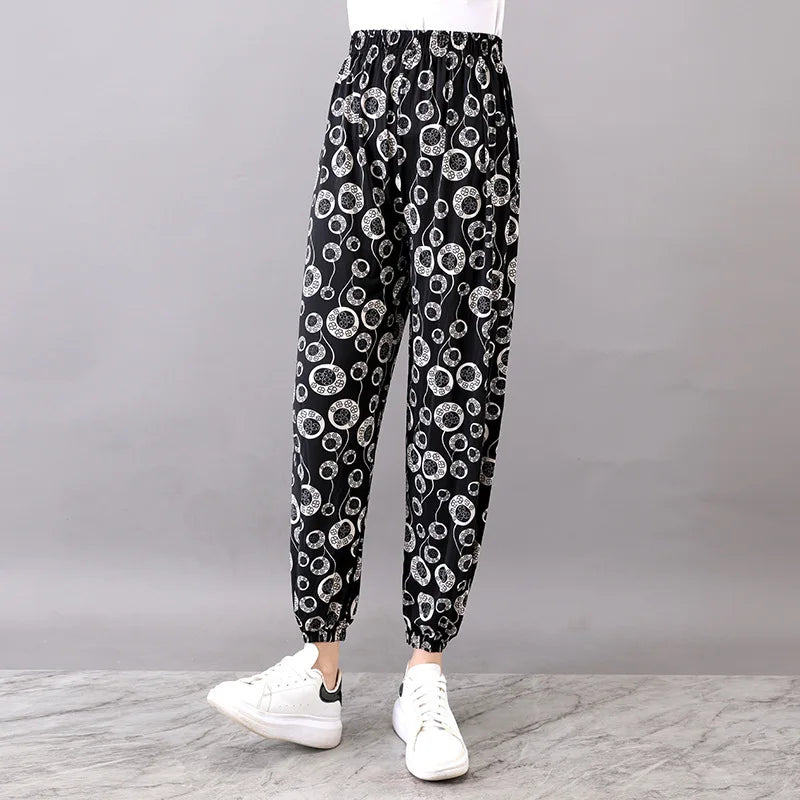 Summer Ladies Ice Silk Loose Casual Home Pants Elastic plus Size Mom Square Sports High Waist Straight Leg Length Nine Points