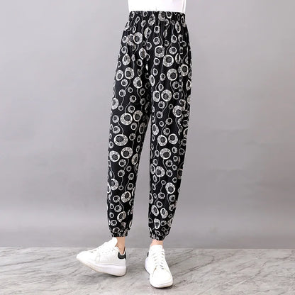 Summer Ladies Ice Silk Loose Casual Home Pants Elastic plus Size Mom Square Sports High Waist Straight Leg Length Nine Points