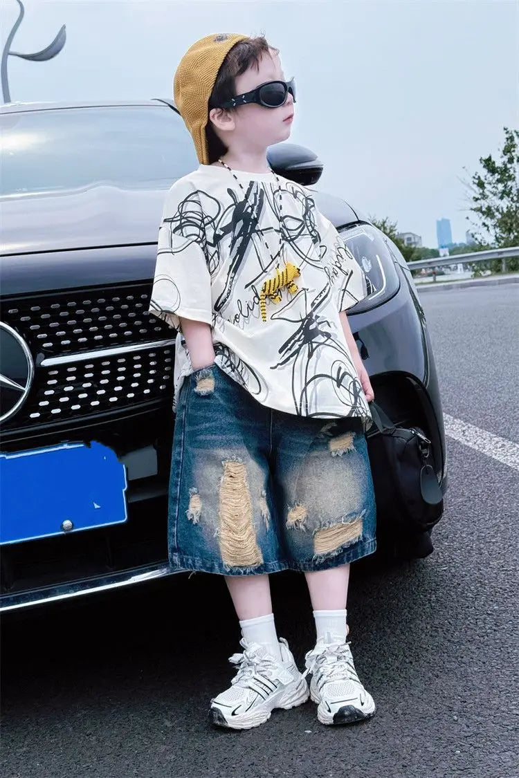 Summer children boys fashion casual T shirt hole jeans sets suits
