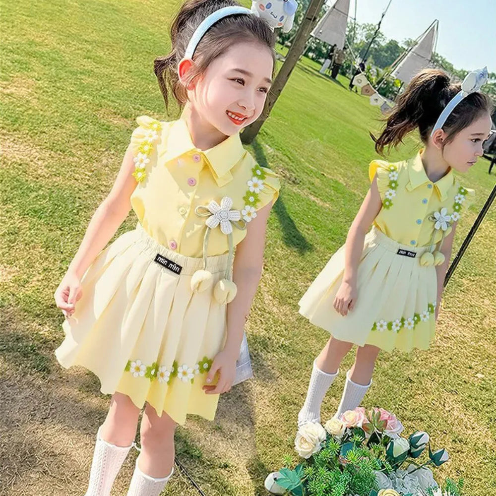 Bear Leader Summer Sweet and Cute Girl's Suit Pink 3D Decal Top+Decal Pleated Skirt 2Pcs Set Korean Fashion Children's Clothing