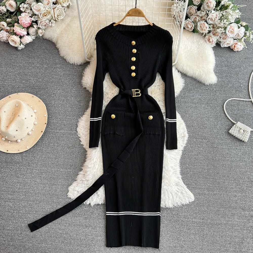 Women Dress  Autumn Winter Elegant Rib Knit Long Pencil Dress with Belt Office Lady Bodycon Sweater Dress Vestidos