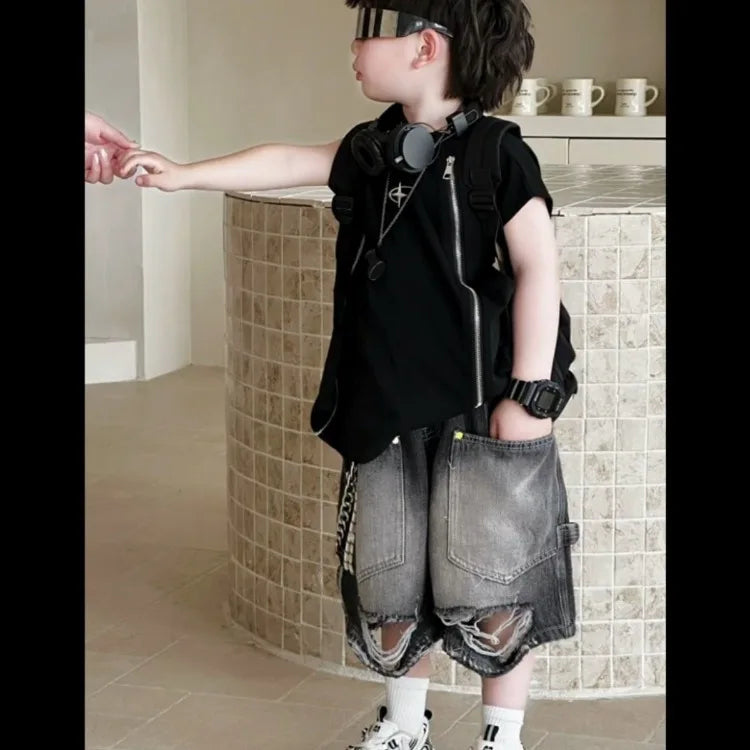 Boys' Korean Vintage Distressed Jeans 100% Cotton Streetwear Kids' Trendy Outfit