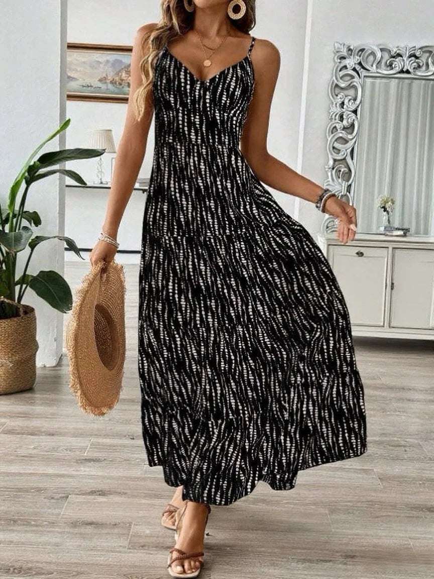 Women's Western Vacation Style Off-the-shoulder Dress Spring/Summer New Asymmetric Striped Design Maxi Dress