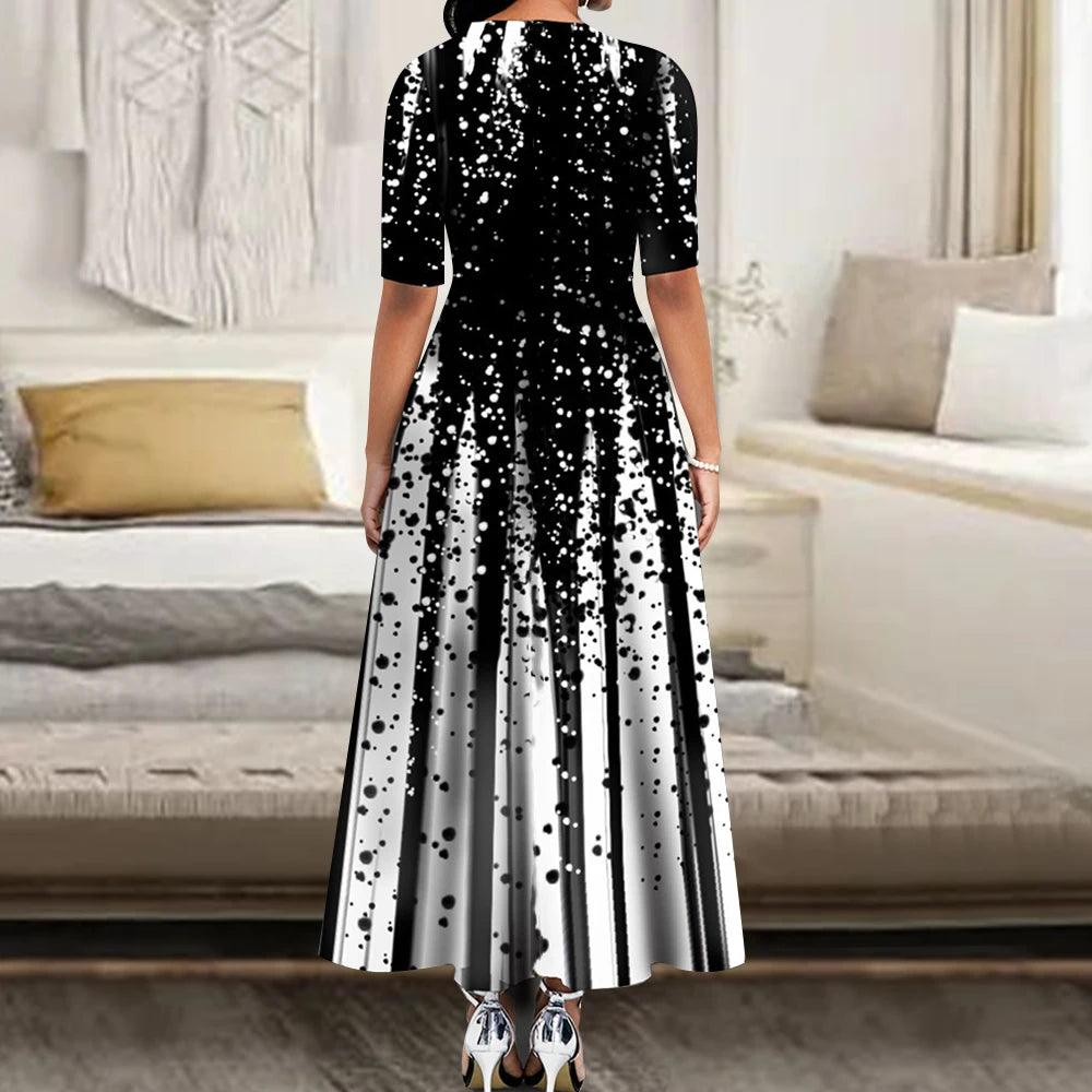 Women's Elegant Party Long Dresses Loose Round Neck Short Sleeves Retro Printed Casual Long Dress