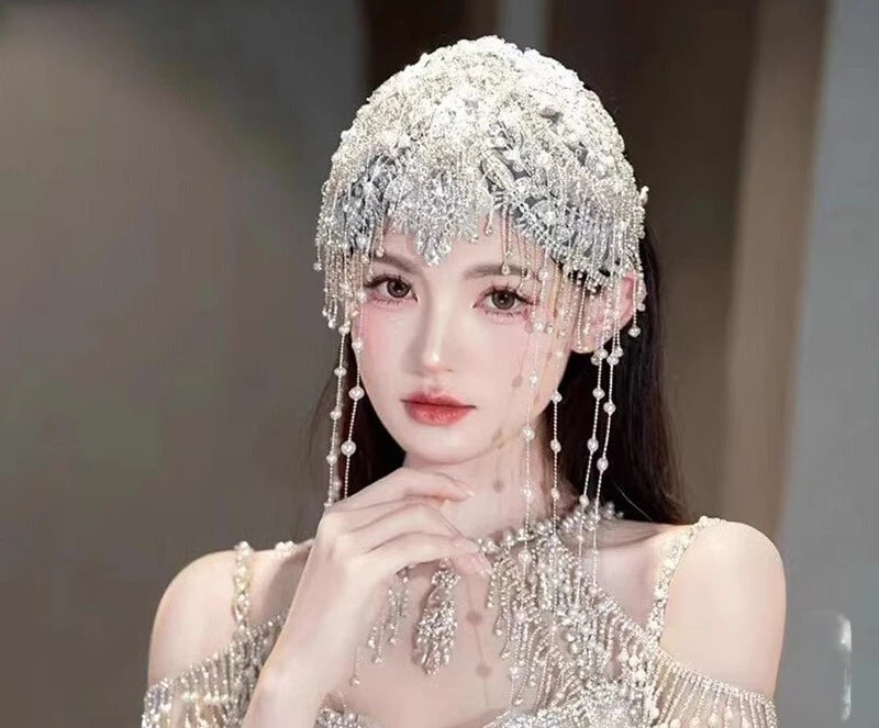 Fashion Exquisite Rhinestone Beaded Fringed Hat Yarn Bridal Wedding Personalized Retro Dress Wedding Photo Styling Jewelry