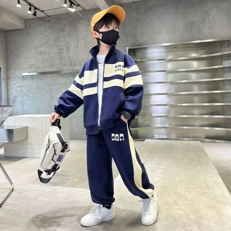 Fashion Boys Clothing Set Spring Autumn Patchwork Zipper Coat Pants 2Pcs For 4-12 Years Kids Tracksuits Teenager Casual Outfits (Available)