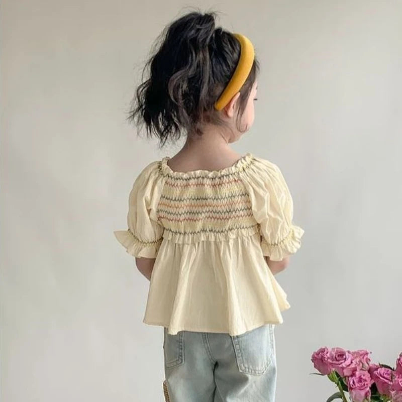 Spring Summer Kids Fashion Color Stripe Puff Sleeve Cotton Blouse Elegant Casual Top for Girl