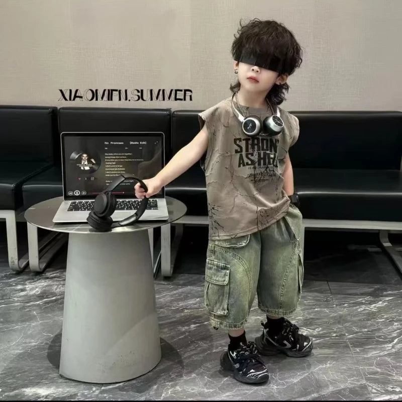 Kids Boy New Outfit Set Korean Children's Summer Clothing Denim Shorts +Thin Tie Dye Vest Sleeveless T-shirt 2-piece Set