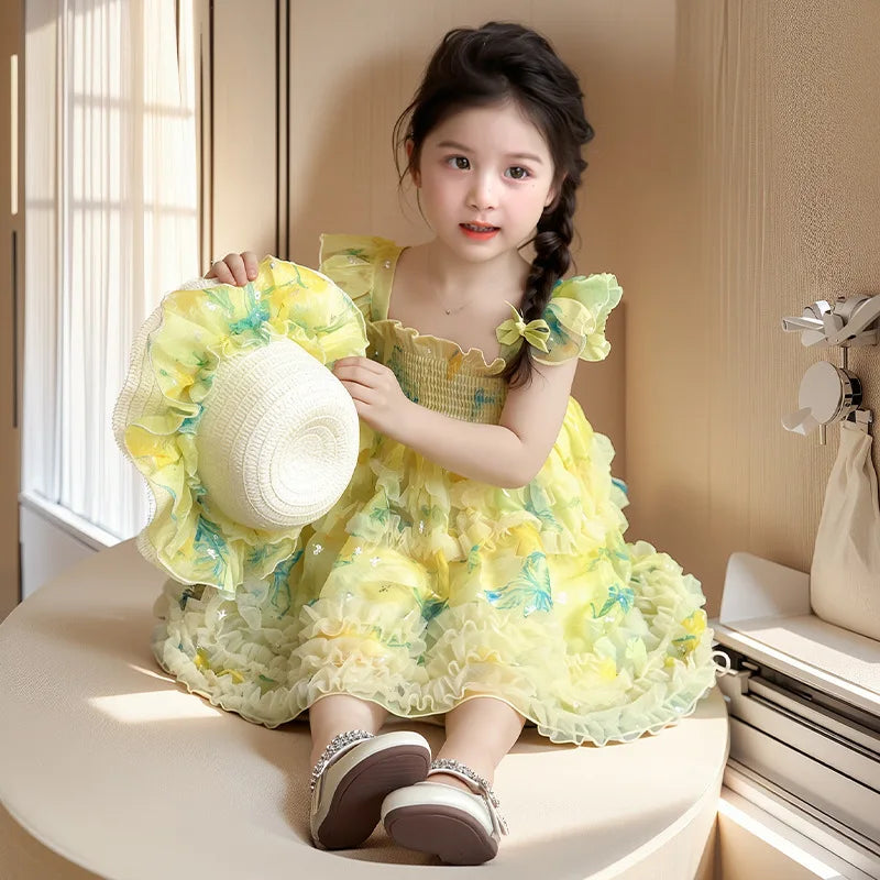 Girl Summer Mesh Dress Doll Baby  Kids Back Butterfly Flower Suspender Princess Dress Fashion Casual