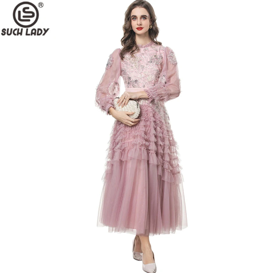 Women's Dresses O Neck Long Sleeves Beaded Tiered Ruffles Elegant Designer Lolita Party Vestidos