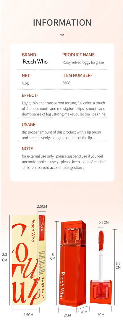 PEACHWHO Ruby Velvet Foggy Lip Glaze Matte Lip Stain Moisturizing Longlasting Waterproof Natural Smooth Silky Lipstick Cosmetics