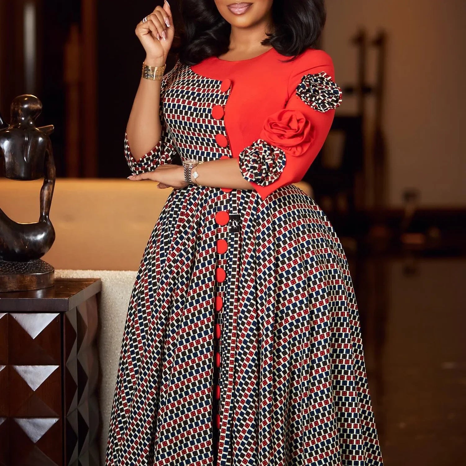Elegant Dresses for Women O Neck Half Sleeve High Waisted Pleated Mid Calf Fashion Printed Luxury Birthday Party Dinner Dress