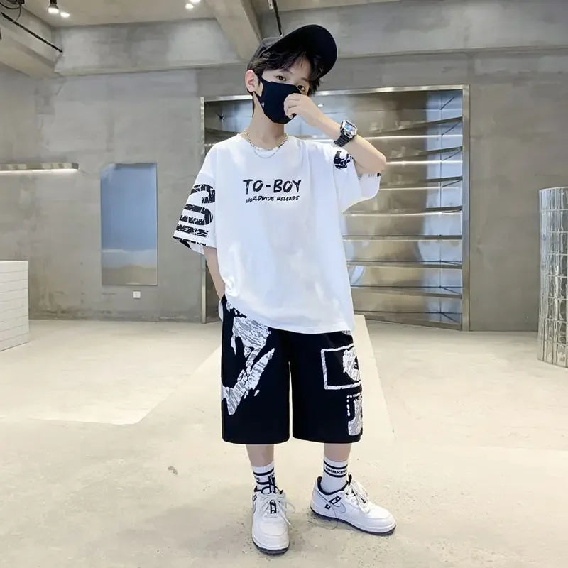 3-14 Years Teenage Boys Hip Hop Streetwear 2Pcs Outfits Summer Trendy Casual Sports Pure Cotton T-shirt Pants Fashion Kids Cloth