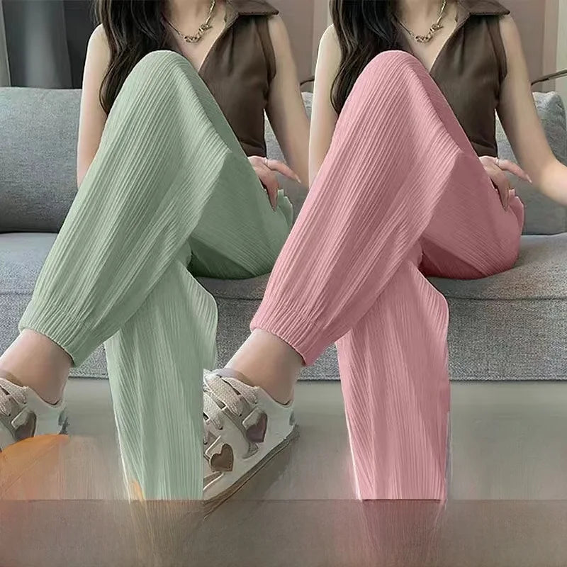 High Waist Lantern Pants Women's Loose Fit Summer Spor Casual Thin Ice Silk Drapey Two-Piece Set Commute Sle Korean Faion