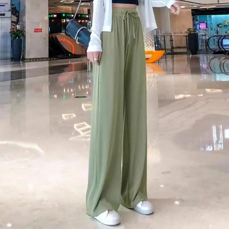 New Women Ankle-Length Wide Leg Pants Casual Summer Solid Elastic Waist Loose Ice Silk Pants Spring Summer Female Trousers