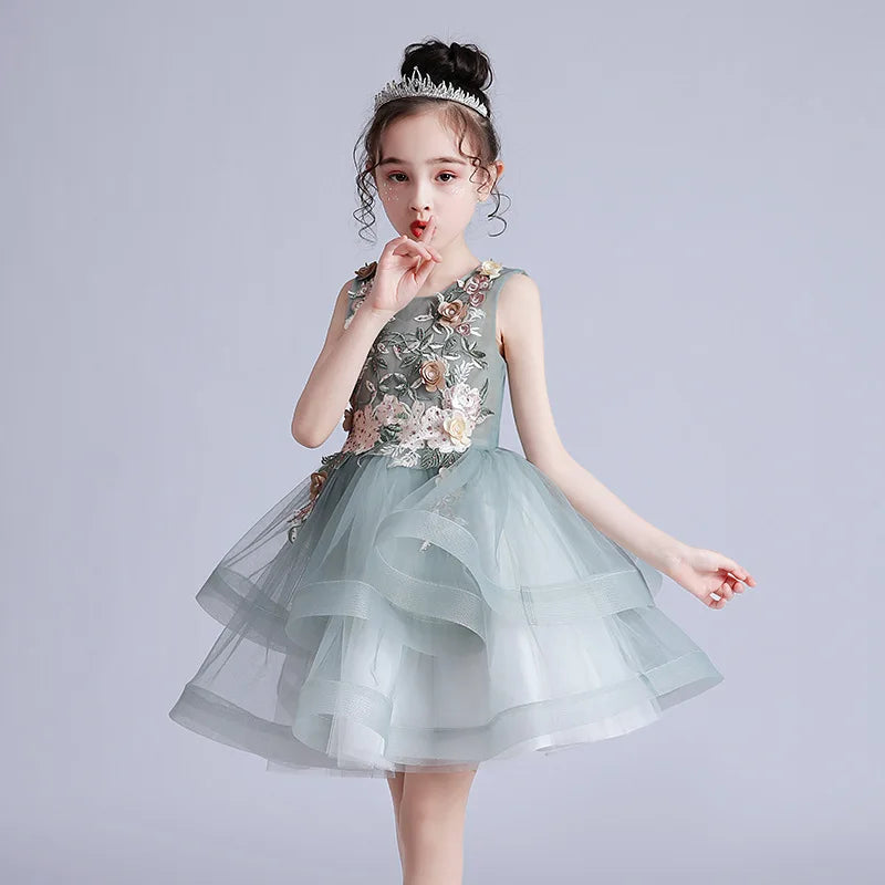 Kids Girls Layered Dress  Elegant Flower Girl Dresses for Wedding Birthday Party Children Festival Ball Gown