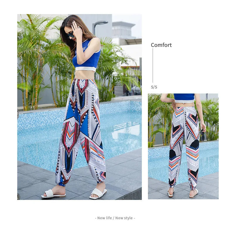 Women's Mosquito-proof Cotton Silk Beach Summer Casual Flower Pants Artificial Cotton Summer Sleeping Pants Thin Adult Bloomers
