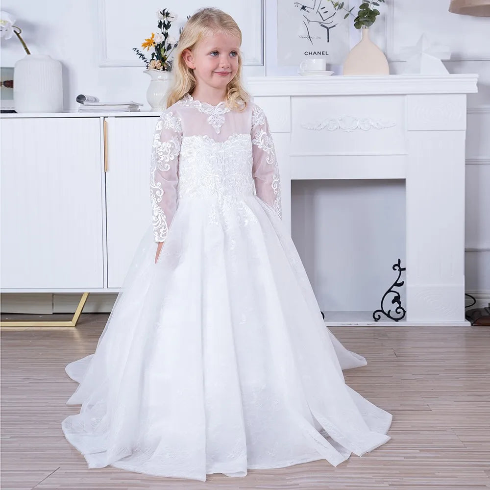 Girl Lace Appliques Princess Wedding Party Flower Girls Dresses Vintage Gown With Bow Kids First Communion Ball Gown