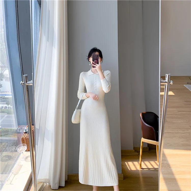 Sweater Dress Women New  Autumn Winter Purple White Or Black High Waist A Line Dress Elegant Long Knitted Dress