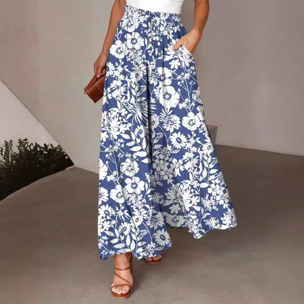 Pant Women Wide Leg Long Pants Print Floral Elastic Waist Straight Trousers  Streetwear Elegant Maxi Capris Loose Summer