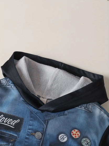 Toddler Boy's Spring and Autumn Outfit: Denim Printed Hoodie + Black Cuffed Pants, Trendy Fake Two-Piece Set for Boys