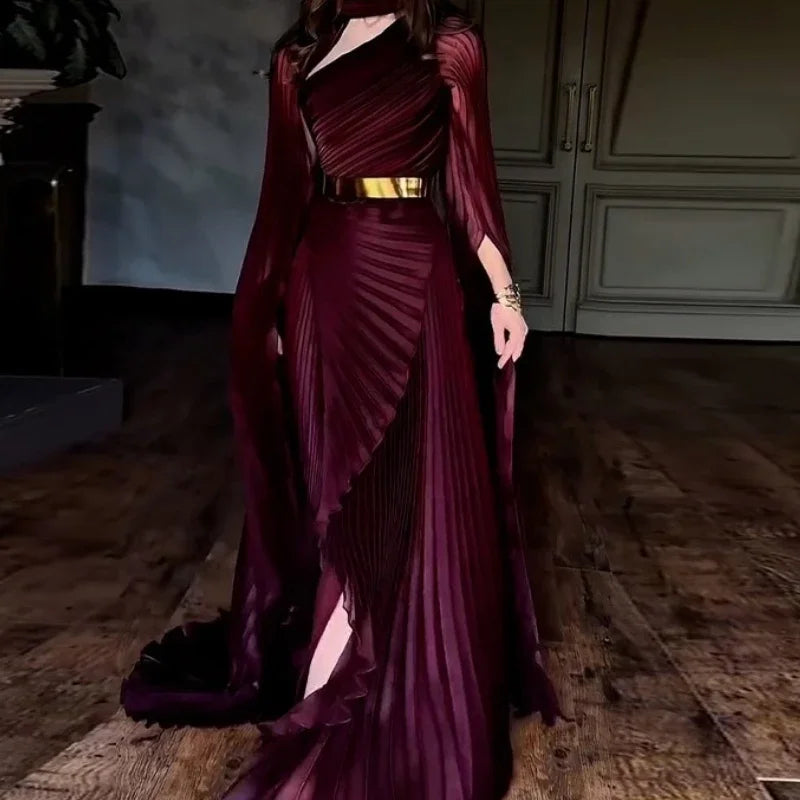 Elegant Party Dress for Women Temperament Fashion  Fall Winter New Batwing Sleeve Shawl Split Vestidos Evening Long Dresses