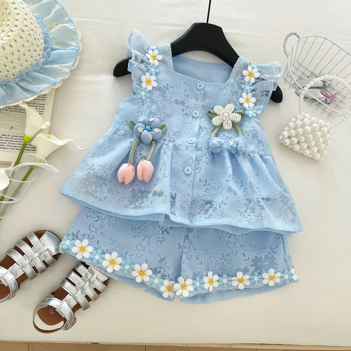 New Children's Outfit Summer New Baby Chinese Style Hanfu Fashionable Girl Tang Suit Two-Piece Set with Hat