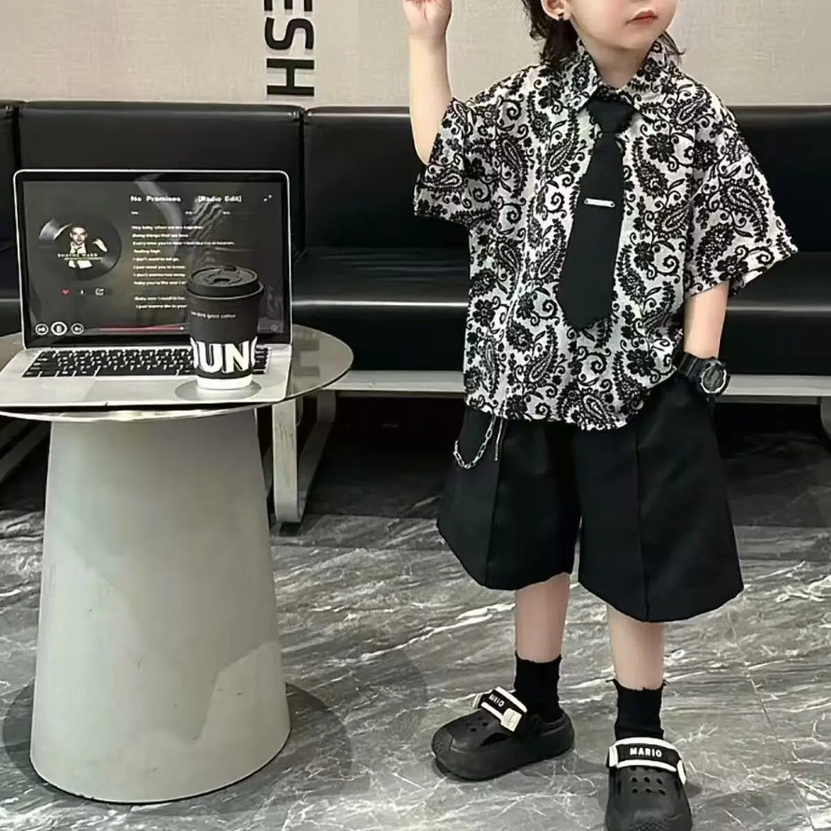 Summer Dress New Handsome Children's Flower Shirt Tie Shorts 3-Piece Set