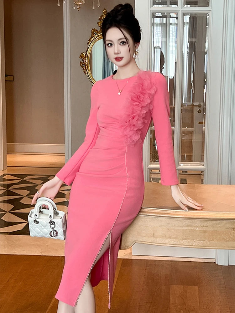 Banquet Evening Dress Women Elegant Style Flower Beading Folds Slit Robe Female Party Prom Vestidos Catwalk Gown