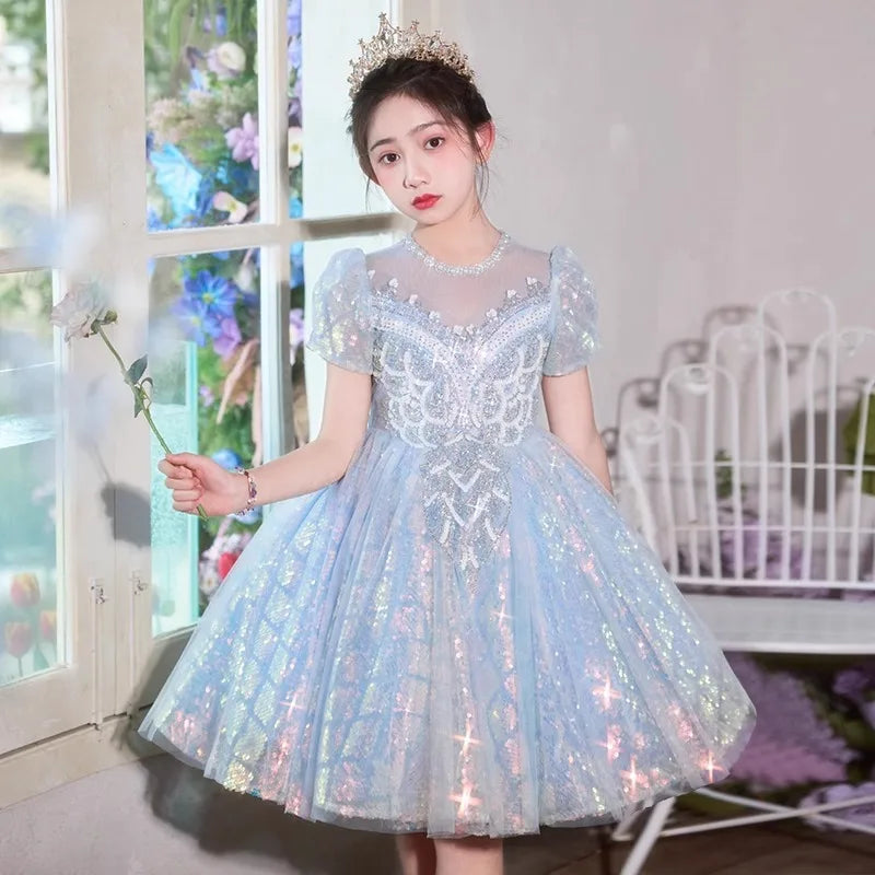 Party Dress Blue Girls Puffy Princess Dresses New Kids Gown Birthday Host Piano Recital Outfit Pageant Performance Formal Wear