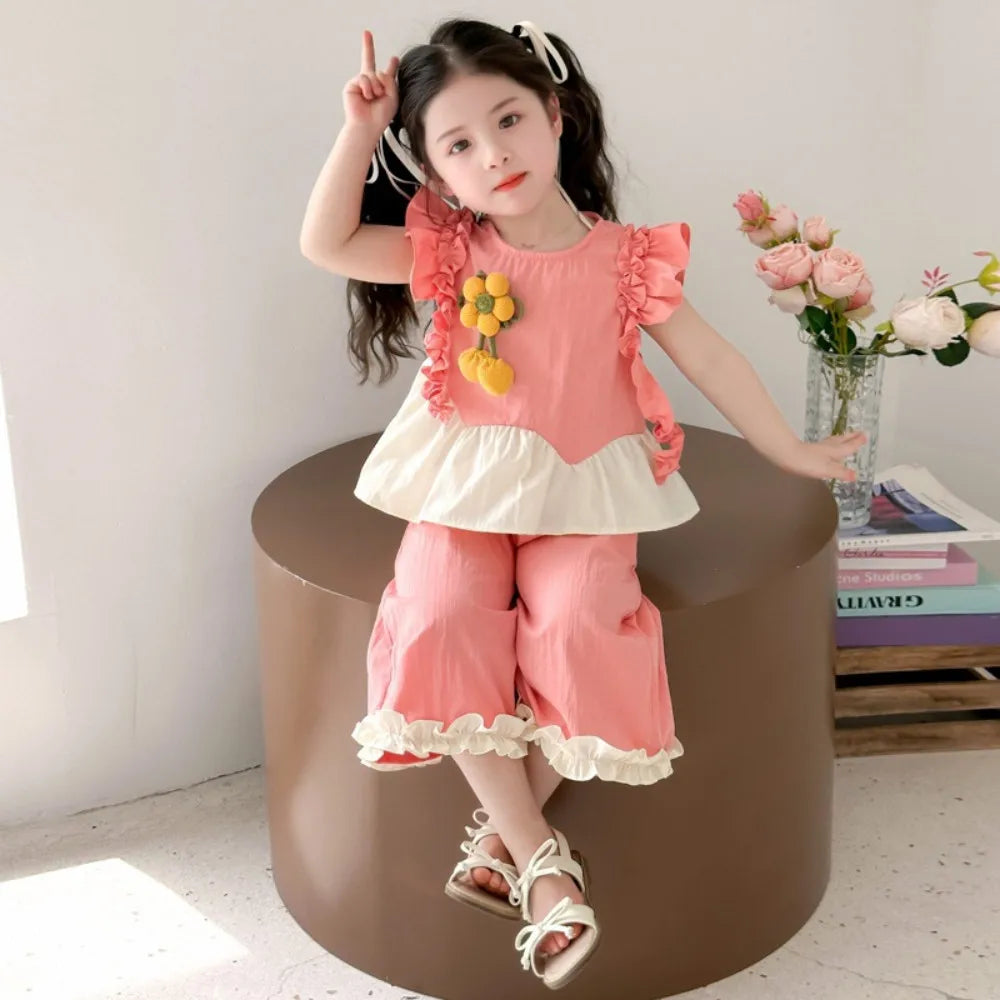 Summer Girls Fashion Cute Sleeveless O-Neck Flower Decoration Top + Pant 2 Pcs Set  Kids Casual Clothes Korean Version