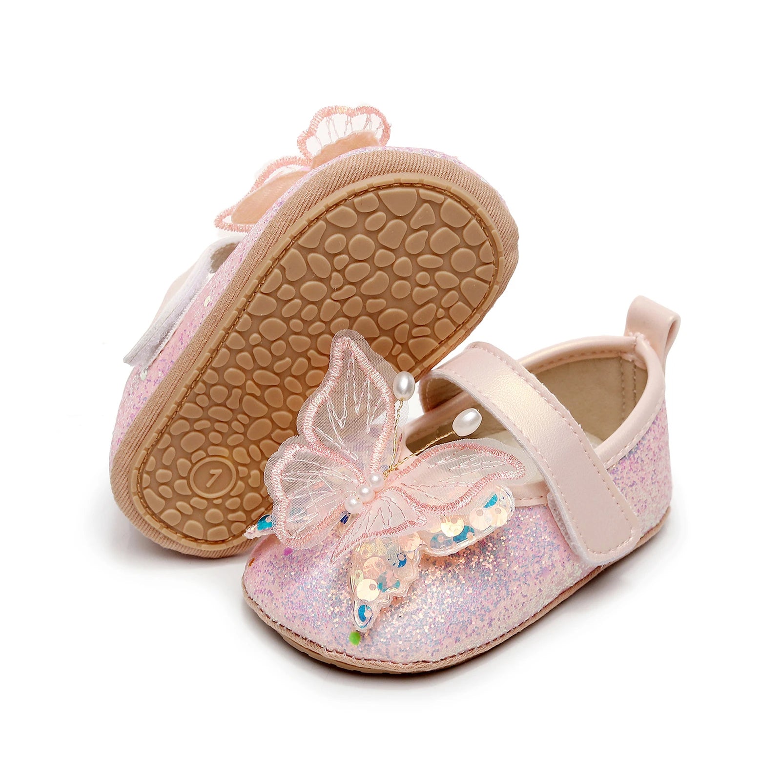 Shiny 3D Butterfly Princess Dress Shoes for Baby Girl Glitters Flats Non-Slip Crib Shoes Walking Shoes for Toddlers Infants