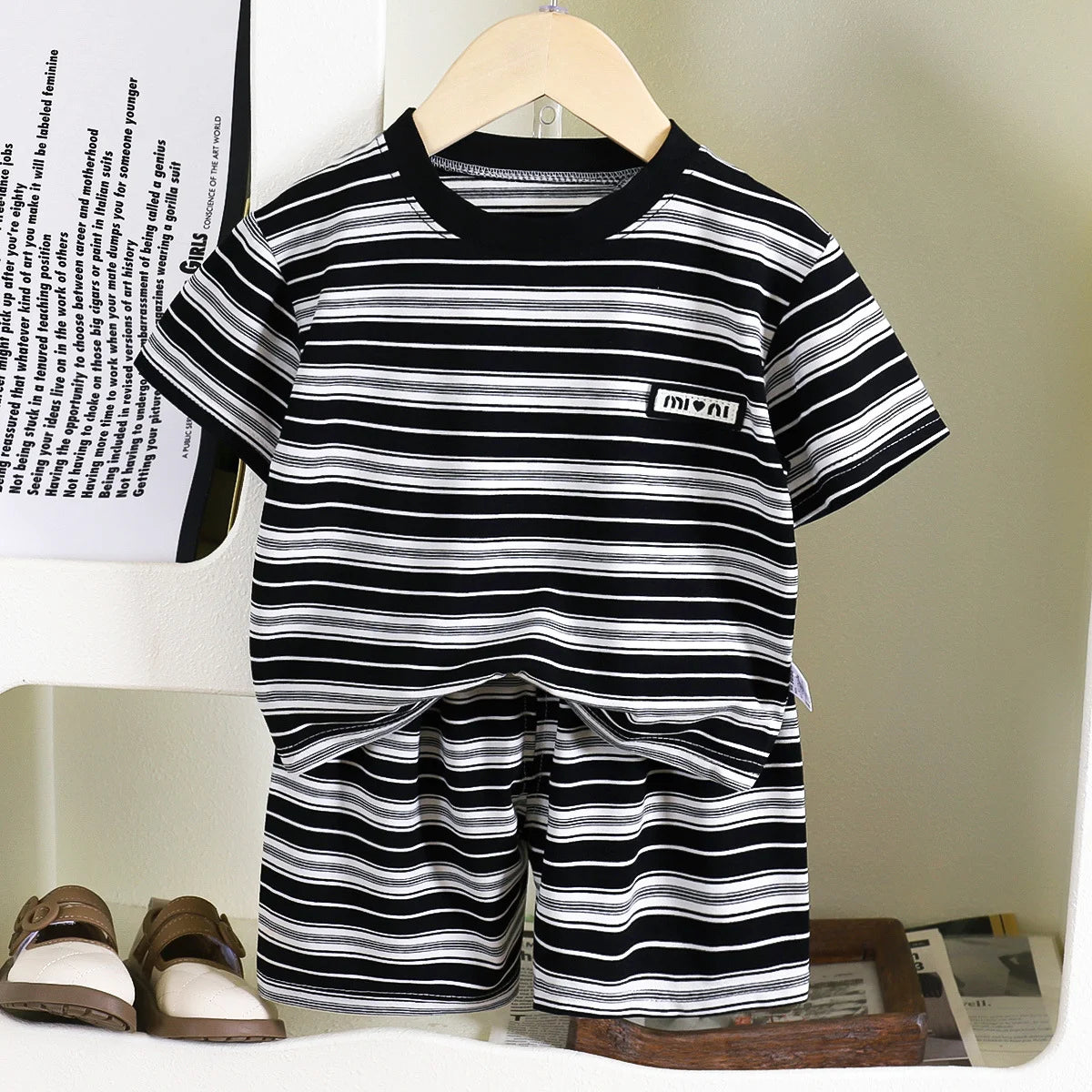 Children's short-sleeve stripe set, boys' black and white striped summer clothes, boy baby outwear short-sleeve shirt + shorts 2
